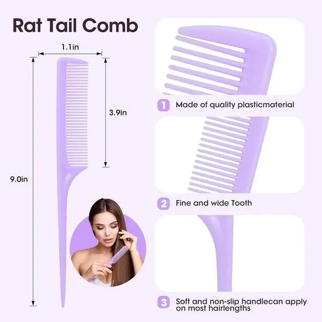 Alt view image 3 of 7 - Rat Tail Comb Set-3Pcs Rat Tail Hair Teasing Fine Tooth Combs for Women Girls, Parting &Hair Styling Tools(Black Pink Purple)