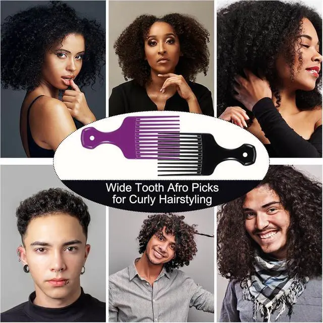 Alt view image 3 of 7 - SIMPOR 2 Pcs Hair Pick Comb Wide Tooth Lift for Hair Styling Detangling, Plastic Afro Pick for Women Men, Fist Picks for Curly and Afro Hair (Purple, Black)