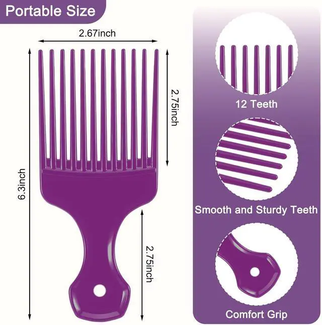 Alt view image 2 of 7 - SIMPOR 2 Pcs Hair Pick Comb Wide Tooth Lift for Hair Styling Detangling, Plastic Afro Pick for Women Men, Fist Picks for Curly and Afro Hair (Purple, Black)