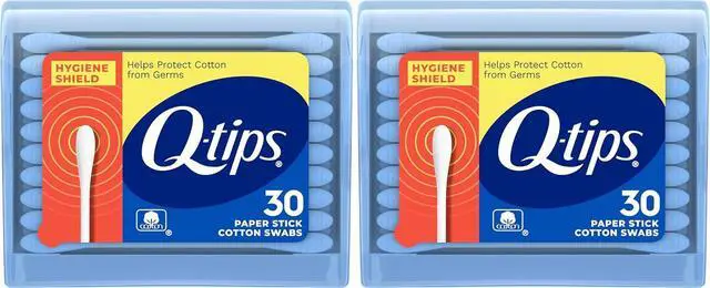 Main image of Q-tips Cotton Swabs, Hygiene Shield Travel Size Toiletries, for First Aid, Beauty and Baby, 100% Cotton, 30 Count (Pack of 2)