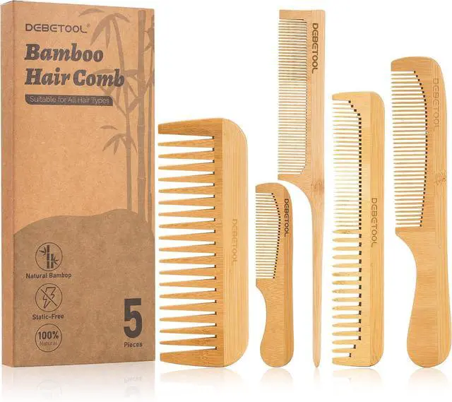Main image of DEBETOOL 5 Pieces Natural Bamboo Comb Set | Anti-Static Wooden Comb for Women, Hair Growth & Daily Detangling for Curly & Thick Hair