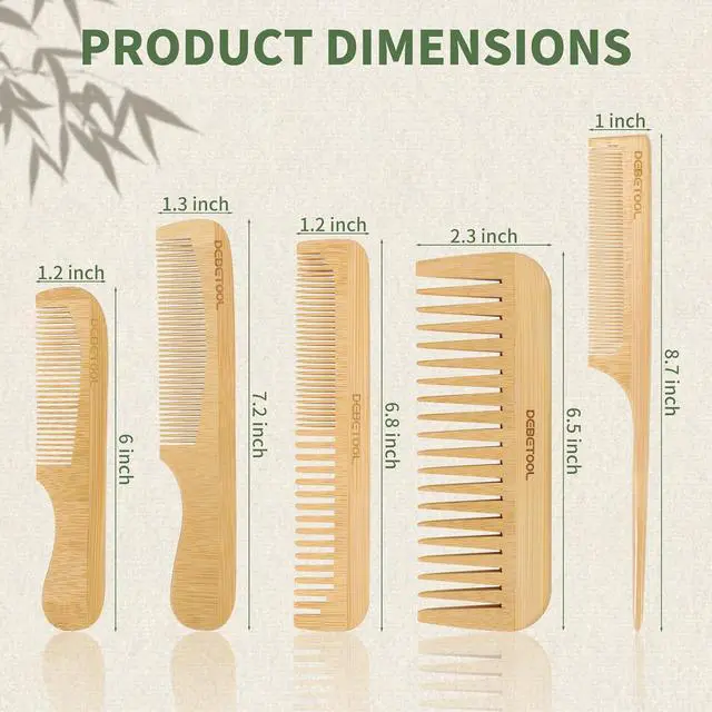 Alt view image 2 of 7 - DEBETOOL 5 Pieces Natural Bamboo Comb Set | Anti-Static Wooden Comb for Women, Hair Growth & Daily Detangling for Curly & Thick Hair