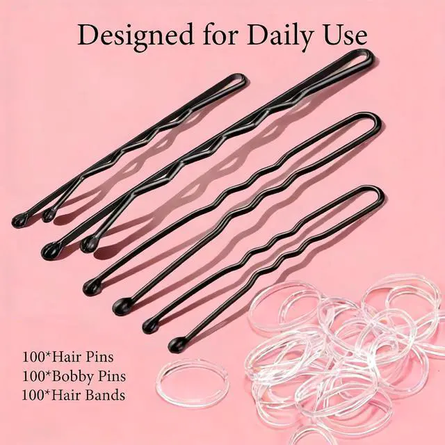 Alt view image 4 of 7 - 300PCS Bobby Pins Set, Black Bobby Pins, Hair Pins | 100 Hair Pin for Women 100 Bobby Pins Black and 100 Hair Bands, Hair Pins for Buns 2inch 2.36inch 2.75inch