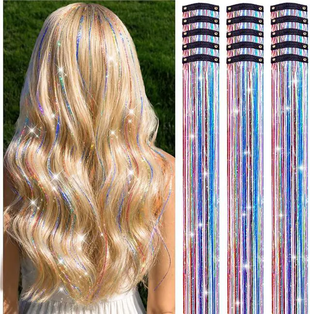 Main image of LORIEN Clip in Hair Tinsel, 14 Pcs Colorful Glitter Hair Accessories for Women Girls, 22 Inch Glitter Extensions for Party Birthday, Gifts for Teenage Girls (Dreamy Colorful)