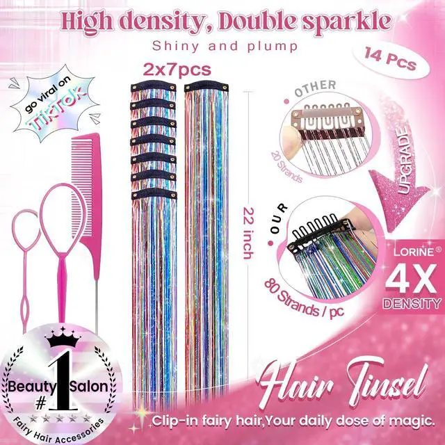 Alt view image 2 of 7 - LORIEN Clip in Hair Tinsel, 14 Pcs Colorful Glitter Hair Accessories for Women Girls, 22 Inch Glitter Extensions for Party Birthday, Gifts for Teenage Girls (Dreamy Colorful)
