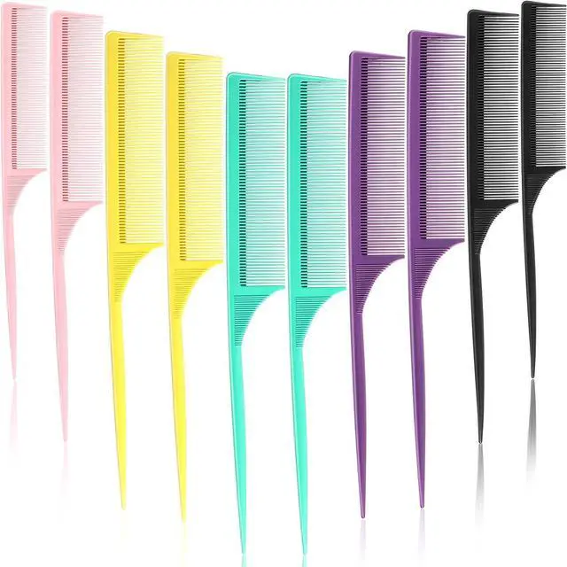 Main image of Leinuosen 10 Pcs Rat Tail Comb Set for Parting Styling,Assorted Color | Carbon Anti Static Heat Resistant, Fine Tooth for Braiding Teasing, Fish Tail Pintail Design, Salon Home Styling