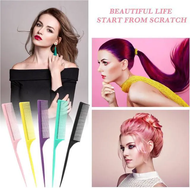 Alt view image 4 of 6 - Leinuosen 10 Pcs Rat Tail Comb Set for Parting Styling,Assorted Color | Carbon Anti Static Heat Resistant, Fine Tooth for Braiding Teasing, Fish Tail Pintail Design, Salon Home Styling