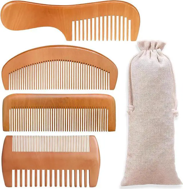 Main image of 4 Pcs Natural Bamboo Comb Set for Women & Men - Wide Tooth Detangling, Beard & Labor Combs for Curly, Thick, Wavy Hair with Gift Bag