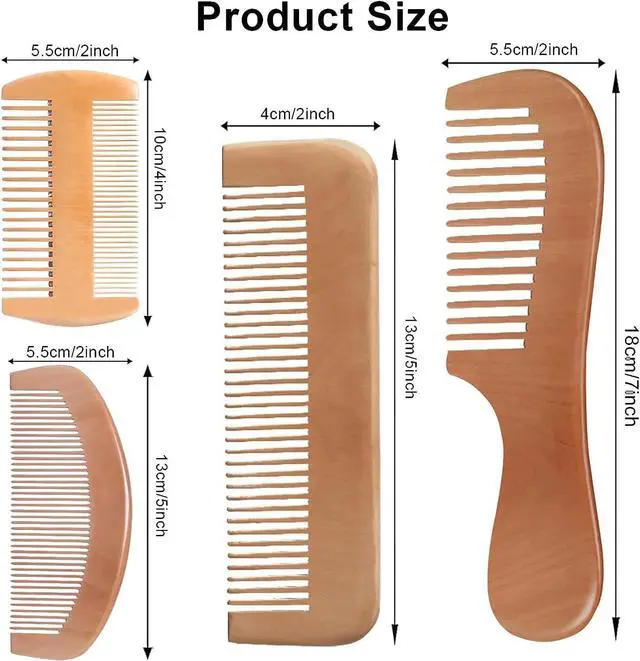 Alt view image 2 of 7 - 4 Pcs Natural Bamboo Comb Set for Women & Men - Wide Tooth Detangling, Beard & Labor Combs for Curly, Thick, Wavy Hair with Gift Bag