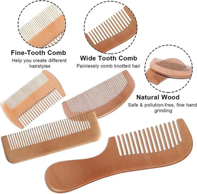 Alt view image 3 of 7 - 4 Pcs Natural Bamboo Comb Set for Women & Men - Wide Tooth Detangling, Beard & Labor Combs for Curly, Thick, Wavy Hair with Gift Bag