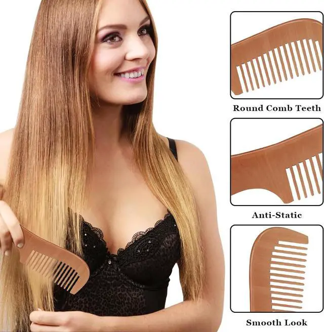Alt view image 7 of 7 - 4 Pcs Natural Bamboo Comb Set for Women & Men - Wide Tooth Detangling, Beard & Labor Combs for Curly, Thick, Wavy Hair with Gift Bag