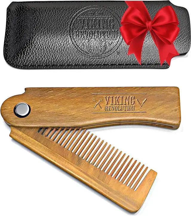 Main image of Viking Revolution Folding Beard Comb - Natural Wooden Comb - 1 Count | All-Natural Wooden Beard Comb - Includes Carrying Pouch & Gift Box - For Grooming Beards & Mustaches - Green Sandalwood