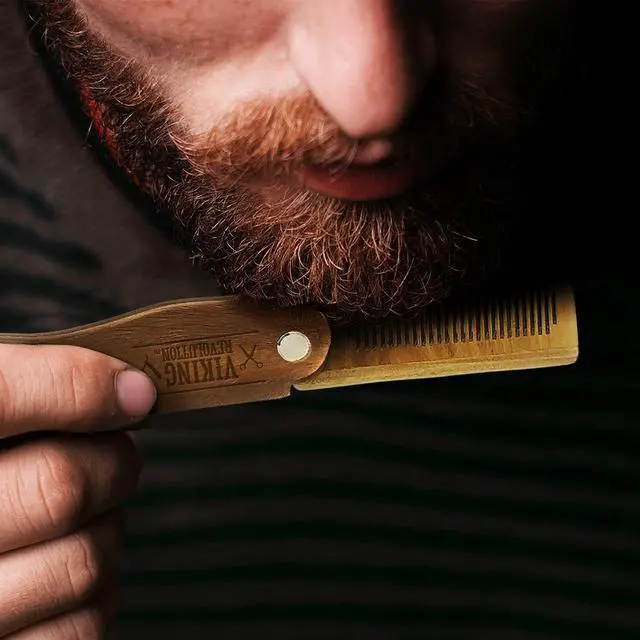 Alt view image 4 of 7 - Viking Revolution Folding Beard Comb - Natural Wooden Comb - 1 Count | All-Natural Wooden Beard Comb - Includes Carrying Pouch & Gift Box - For Grooming Beards & Mustaches - Green Sandalwood