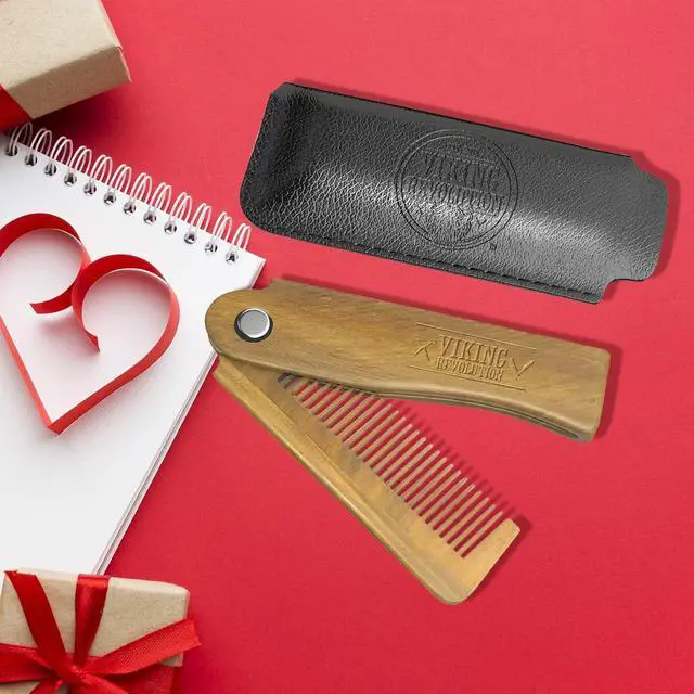 Alt view image 2 of 7 - Viking Revolution Folding Beard Comb - Natural Wooden Comb - 1 Count | All-Natural Wooden Beard Comb - Includes Carrying Pouch & Gift Box - For Grooming Beards & Mustaches - Green Sandalwood