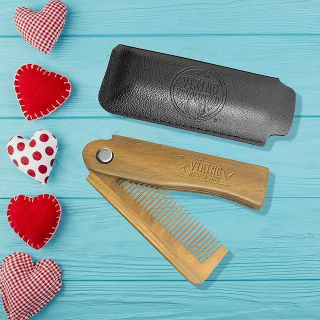 Alt view image 3 of 7 - Viking Revolution Folding Beard Comb - Natural Wooden Comb - 1 Count | All-Natural Wooden Beard Comb - Includes Carrying Pouch & Gift Box - For Grooming Beards & Mustaches - Green Sandalwood