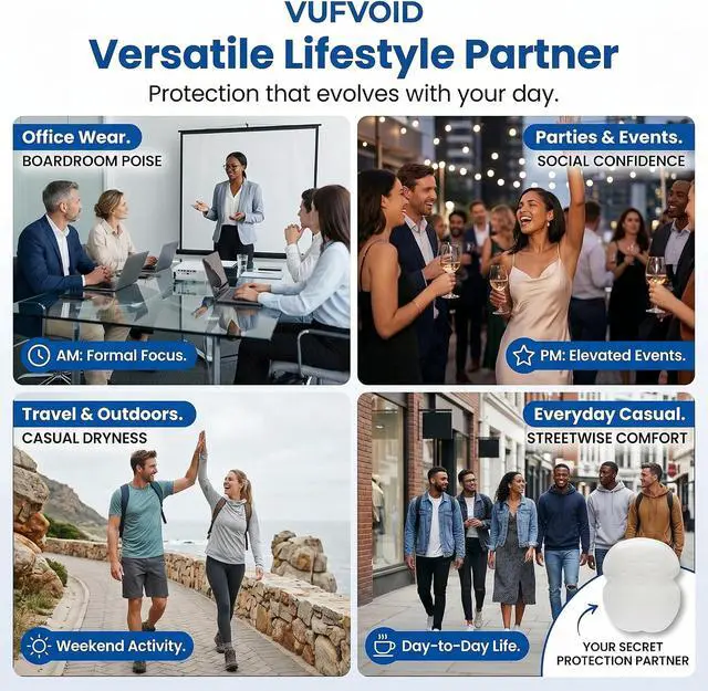 Alt view image 4 of 7 - VUFVOID Underarm Sweat Pads -50 Invisible Armpit Guards,All-Day Freshness | Hypallergenic & Ultra-Absorbent Liners for Men & Women - Discreet Protection for Office, Travel & Summer Apparel