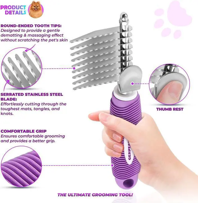 Alt view image 2 of 7 - GENPEPADO Dematting Undercoat Rake Comb for Dogs & Cats with Long 2.5-In Stainless Steel Safety Blades for Removing Knots, Mats & Tangles - Pet Grooming Deshedding Brush Tool with Anti-Slip Grip