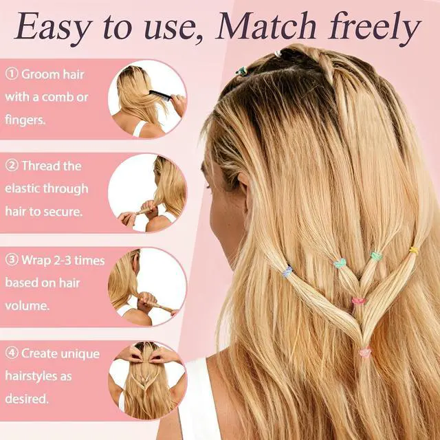 Alt view image 6 of 7 - 1000pcs Mini Rubber Bands, No-Damage Elastic Hair Ties for Girls | Soft durable plastic ponytail holders for little kids. Extra thick 0.65mm.Stretchy for braids, daily hairstyles.