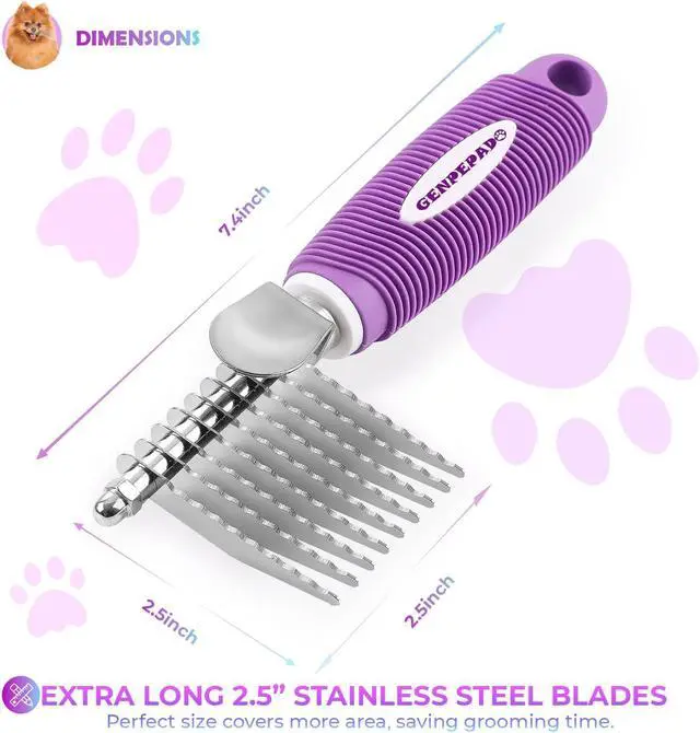 Alt view image 3 of 7 - GENPEPADO Dematting Undercoat Rake Comb for Dogs & Cats with Long 2.5-In Stainless Steel Safety Blades for Removing Knots, Mats & Tangles - Pet Grooming Deshedding Brush Tool with Anti-Slip Grip
