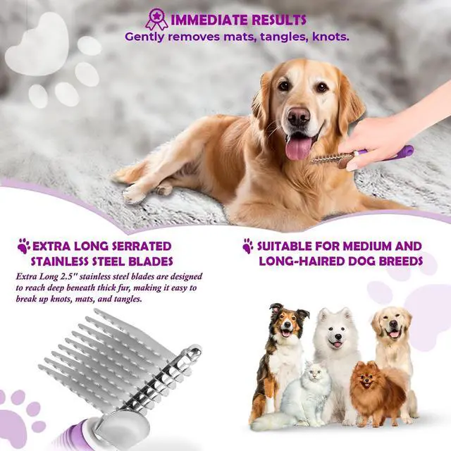 Alt view image 4 of 7 - GENPEPADO Dematting Undercoat Rake Comb for Dogs & Cats with Long 2.5-In Stainless Steel Safety Blades for Removing Knots, Mats & Tangles - Pet Grooming Deshedding Brush Tool with Anti-Slip Grip