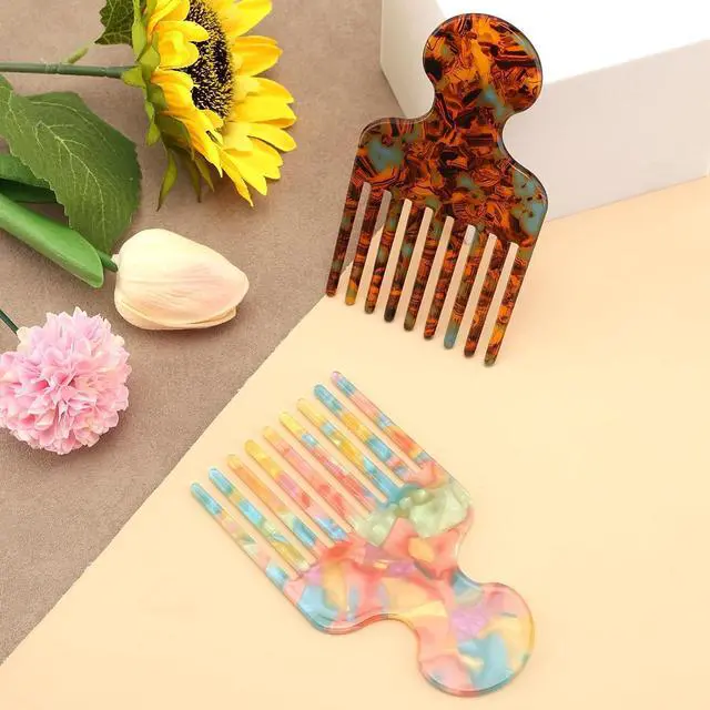 Alt view image 5 of 7 - 2pcs Hair Pick Comb, Wide Tooth Comb for Curls, 4.7in Long, Smooth | Detangling Lifting Curly Hair Picks Afro Smooth Styling Tools for Women, Men Barber Supplies (Iridescent, Blue-brown)