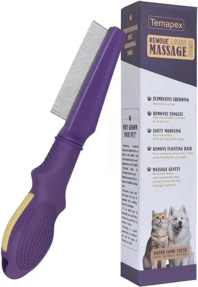 Main image of Pet Flea Comb for Dogs & Cats,Removes Tangles & Flea, Tear Stain Removal, Stainless Steel Metal Teeth, Non-slip & Anti-static Rubber Handle, Safe & Gentle Pet Grooming Comb