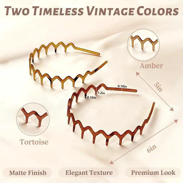 Alt view image 2 of 7 - PIPUHA 2 Pack Zig Zag Headbands for Women, Matte Amber & Tortoise Comb Headband, Non Slip Headband with Teeth for Slick Back Hair, Vintage Wavy Hair Accessories for Daily Styling