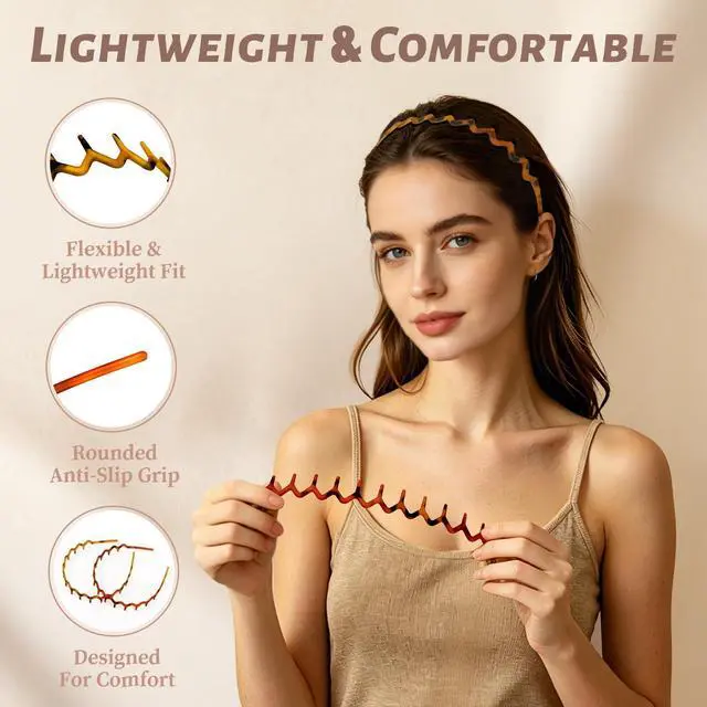Alt view image 4 of 7 - PIPUHA 2 Pack Zig Zag Headbands for Women, Matte Amber & Tortoise Comb Headband, Non Slip Headband with Teeth for Slick Back Hair, Vintage Wavy Hair Accessories for Daily Styling