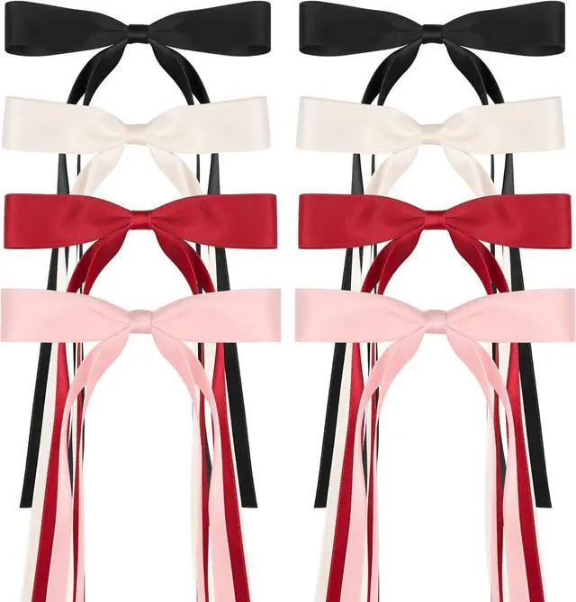 Main image of 8 PCS Silky Satin Hair Bows with Tassel for Women Grils, Tassel Ribbon Bowknot Hair Clips for Ponytail Holder. Pink, Red Hair Bow and Black, White Barrettes Claw Bow
