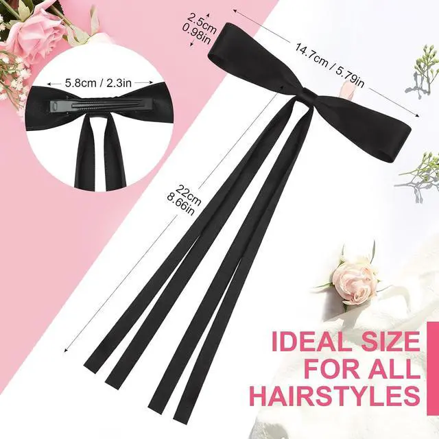 Alt view image 2 of 7 - 8 PCS Silky Satin Hair Bows with Tassel for Women Grils, Tassel Ribbon Bowknot Hair Clips for Ponytail Holder. Pink, Red Hair Bow and Black, White Barrettes Claw Bow