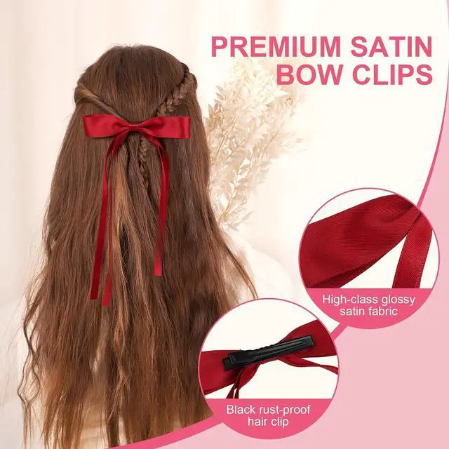 Alt view image 3 of 7 - 8 PCS Silky Satin Hair Bows with Tassel for Women Grils, Tassel Ribbon Bowknot Hair Clips for Ponytail Holder. Pink, Red Hair Bow and Black, White Barrettes Claw Bow
