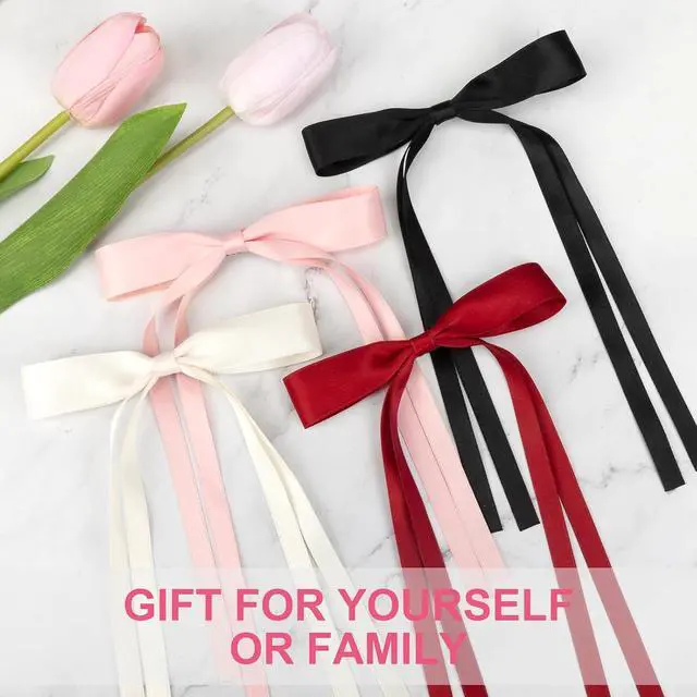 Alt view image 4 of 7 - 8 PCS Silky Satin Hair Bows with Tassel for Women Grils, Tassel Ribbon Bowknot Hair Clips for Ponytail Holder. Pink, Red Hair Bow and Black, White Barrettes Claw Bow