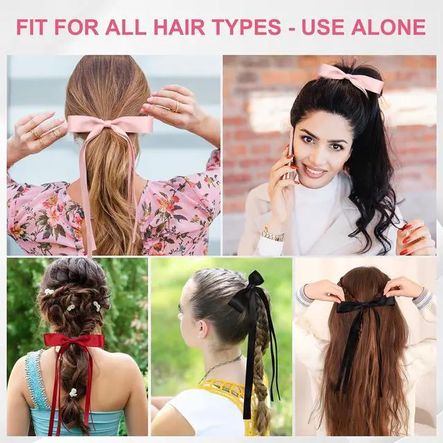 Alt view image 5 of 7 - 8 PCS Silky Satin Hair Bows with Tassel for Women Grils, Tassel Ribbon Bowknot Hair Clips for Ponytail Holder. Pink, Red Hair Bow and Black, White Barrettes Claw Bow