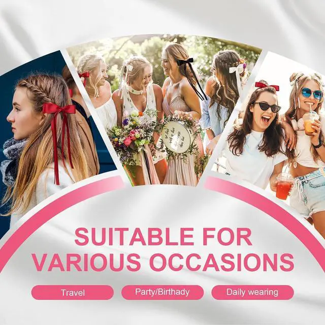 Alt view image 7 of 7 - 8 PCS Silky Satin Hair Bows with Tassel for Women Grils, Tassel Ribbon Bowknot Hair Clips for Ponytail Holder. Pink, Red Hair Bow and Black, White Barrettes Claw Bow