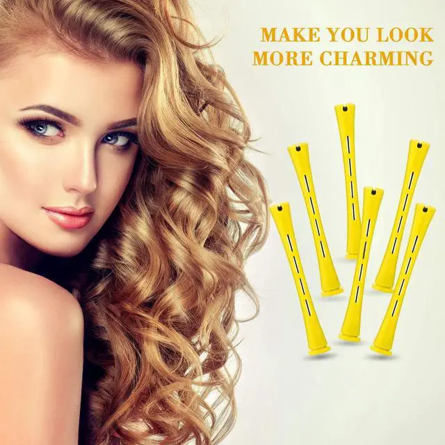 Alt view image 5 of 7 - 48 Pieces Plastic Curlers with Steel Pintail and Rat Tail Combs for Cold Wave Perming and Hairdressing Styling (Yellow and Orange, 0.28 Inch/ 0.7 cm)