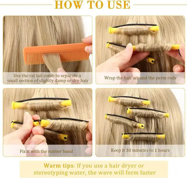Alt view image 3 of 7 - 48 Pieces Plastic Curlers with Steel Pintail and Rat Tail Combs for Cold Wave Perming and Hairdressing Styling (Yellow and Orange, 0.28 Inch/ 0.7 cm)