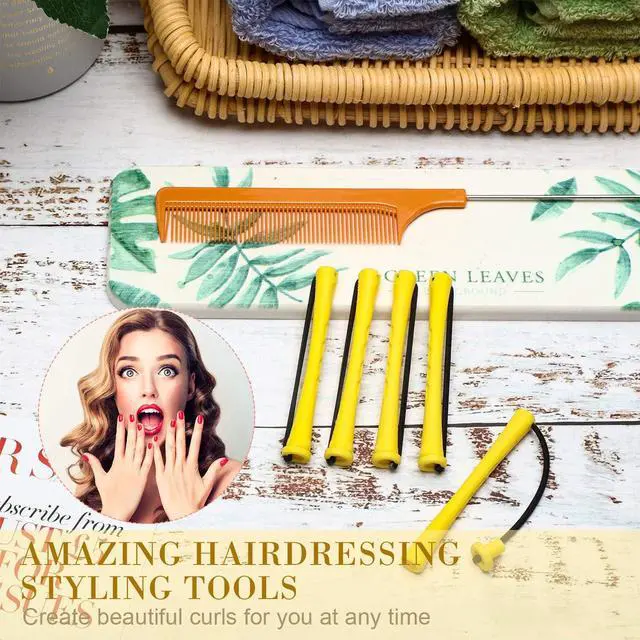 Alt view image 6 of 7 - 48 Pieces Plastic Curlers with Steel Pintail and Rat Tail Combs for Cold Wave Perming and Hairdressing Styling (Yellow and Orange, 0.28 Inch/ 0.7 cm)