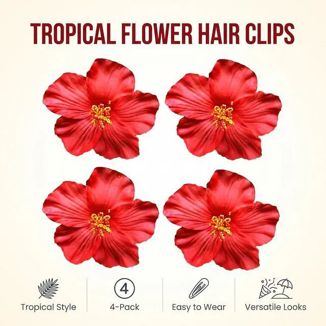 Alt view image 3 of 7 - 4Pcs Red Hawaiian Flower Hair Clip for Women Girls Fashion Bohemian Flowers Hair Accessory for Dancer Bridal Wedding Beach Party Clips and Barrettes Hair Accessories 8cm