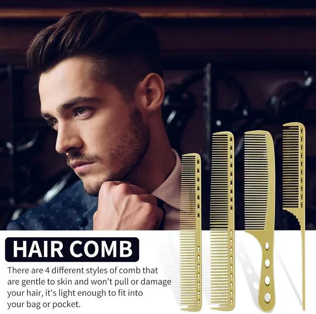 Alt view image 2 of 7 - CGBARBER 4 Types Aluminum Hair Combs for Cutting Stainless Steel Hair Tail Metal Comb (Golden)