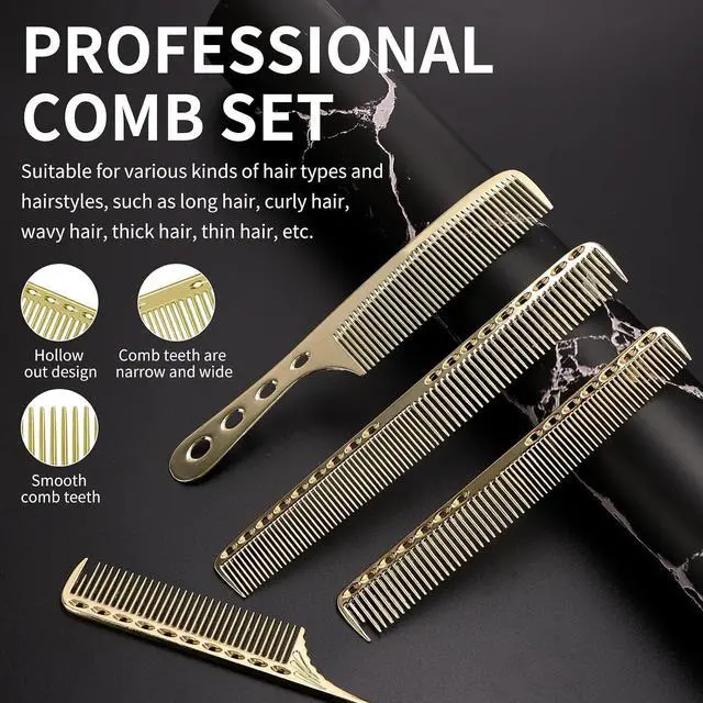 Alt view image 3 of 7 - CGBARBER 4 Types Aluminum Hair Combs for Cutting Stainless Steel Hair Tail Metal Comb (Golden)
