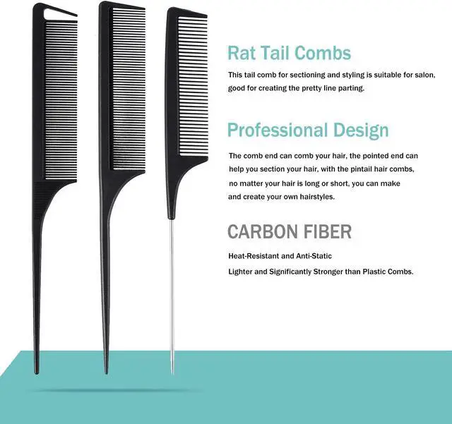 Alt view image 3 of 7 - 6 Pieces Carbon Fiber Hair Combs Set, General Styling Grooming Combs, Anti Static Heat Resistant Hairdressing Comb, Fine and Wide Tooth Hair Barber Rat Tail Comb