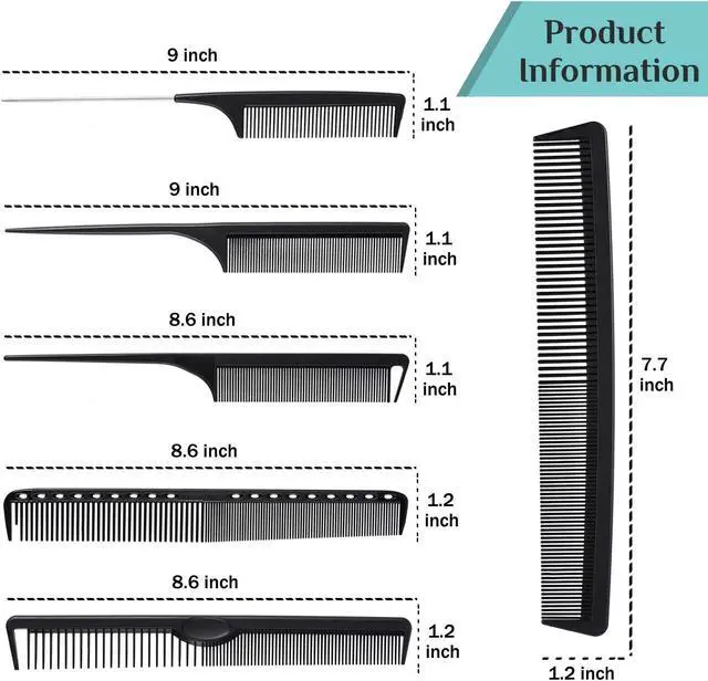 Alt view image 7 of 7 - 6 Pieces Carbon Fiber Hair Combs Set, General Styling Grooming Combs, Anti Static Heat Resistant Hairdressing Comb, Fine and Wide Tooth Hair Barber Rat Tail Comb