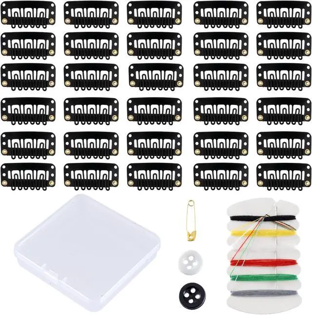 Main image of 30 Pieces Wig Clips to Secure, Flat Hair Clip, Hair Extension Clip with Thread Kit, Hair Extensions Clip for Women, Bangs Hair Clip DIY Set for Kids and Pets, Black Chunni Clips
