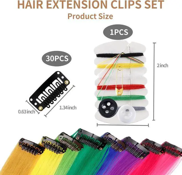 Alt view image 2 of 7 - 30 Pieces Wig Clips to Secure, Flat Hair Clip, Hair Extension Clip with Thread Kit, Hair Extensions Clip for Women, Bangs Hair Clip DIY Set for Kids and Pets, Black Chunni Clips