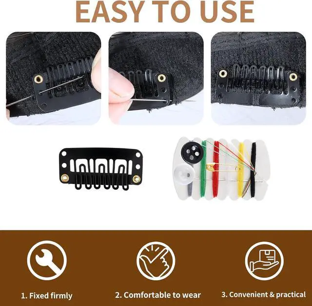 Alt view image 3 of 7 - 30 Pieces Wig Clips to Secure, Flat Hair Clip, Hair Extension Clip with Thread Kit, Hair Extensions Clip for Women, Bangs Hair Clip DIY Set for Kids and Pets, Black Chunni Clips
