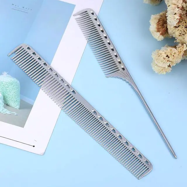 Alt view image 2 of 7 - Stainless Steel Fine Tooth Comb, 2 PCS Metal Rat Tail Comb for Men Anti-Static Professional Barber Hair Styling Combs Space Aluminum Unbreakable Metal Haircut Hair Combs for Men Women, Heat Resistant