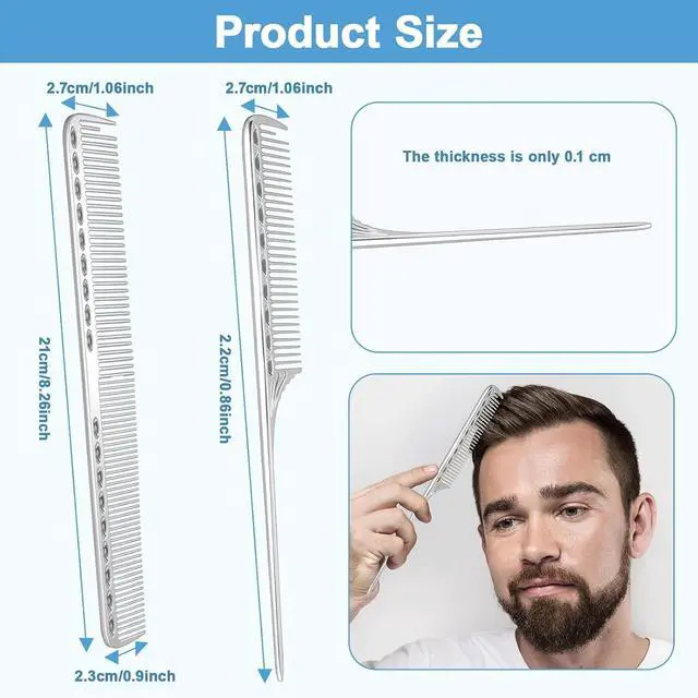 Alt view image 3 of 7 - Stainless Steel Fine Tooth Comb, 2 PCS Metal Rat Tail Comb for Men Anti-Static Professional Barber Hair Styling Combs Space Aluminum Unbreakable Metal Haircut Hair Combs for Men Women, Heat Resistant