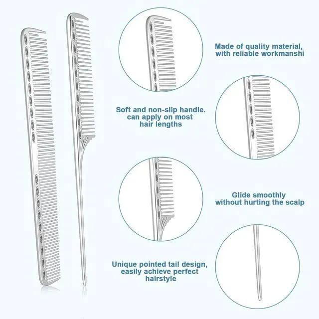 Alt view image 4 of 7 - Stainless Steel Fine Tooth Comb, 2 PCS Metal Rat Tail Comb for Men Anti-Static Professional Barber Hair Styling Combs Space Aluminum Unbreakable Metal Haircut Hair Combs for Men Women, Heat Resistant