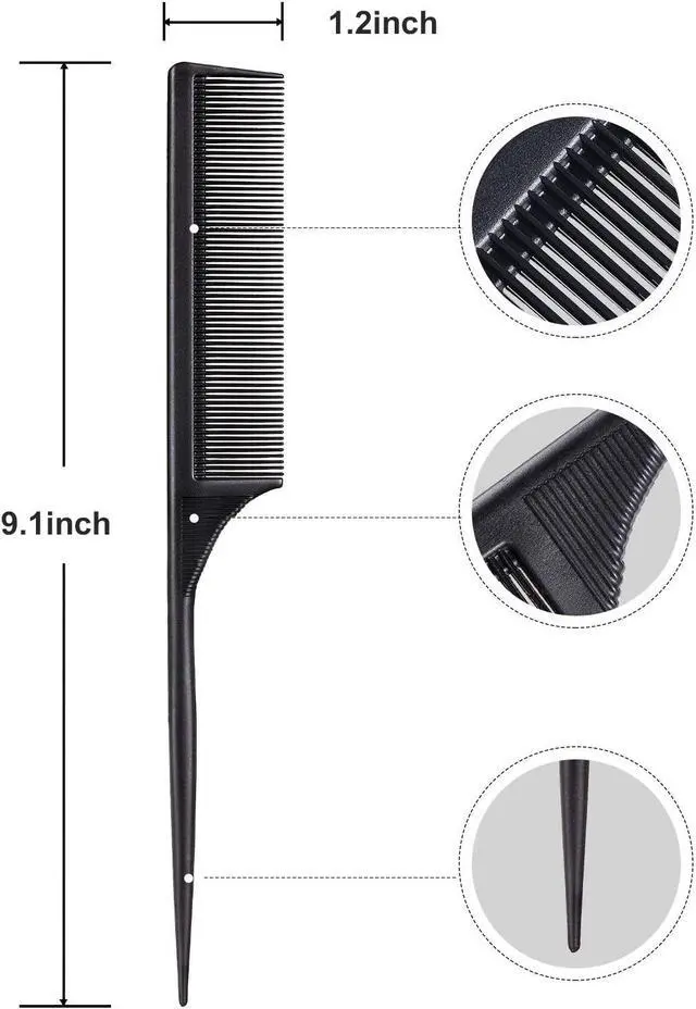 Alt view image 2 of 6 - Leinuosen 3 Pack Rat Tail Combs Fine Tooth Parting Tip | Carbon Fiber Heat Resistant Anti Static Teasing for Back Combing Root Teasing Adding Volume Evening Styling