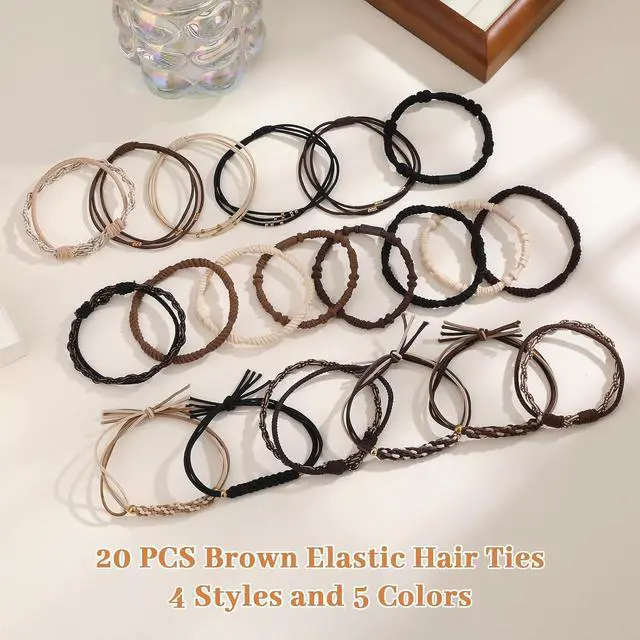 Alt view image 7 of 7 - 20 PCS Boho Hair Ties, Bracelets Hair Ties for Thick or Thin Hair | 5 Styles Boho Ties for Ponytail Holders, 2.36 Hair Ties No-Damage, Neutral Color